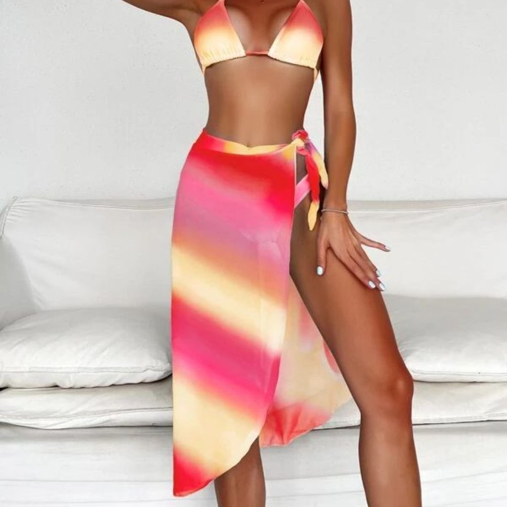 3pack Ombre Triangle High Cut Bikini Swimsuit & Beach Skirt